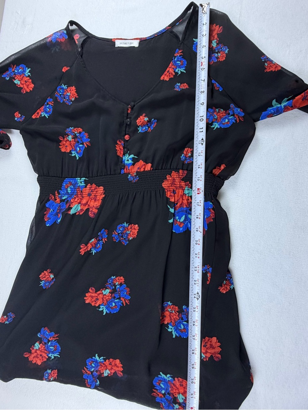 MINKPINK Black Red Blue Floral Chiffon Long Sleeve Smocked Waist Mini Dress L - Picture 6 of 7